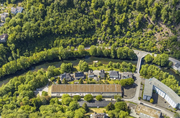 Aerial view, river Lenne, tax office, Saleen Kunststoff GmbH, Altena, Sauerland, Märkischer Kreis,