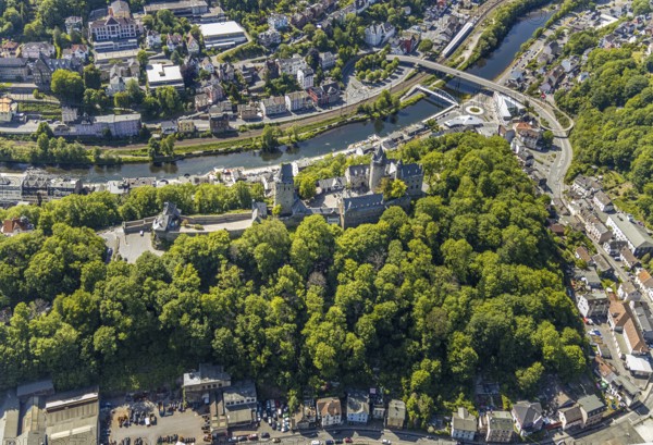 Aerial view, Burg Altena, Fritz-Thomee-Straße, River Lenne, Altena Town Hall, Altena, Sauerland,