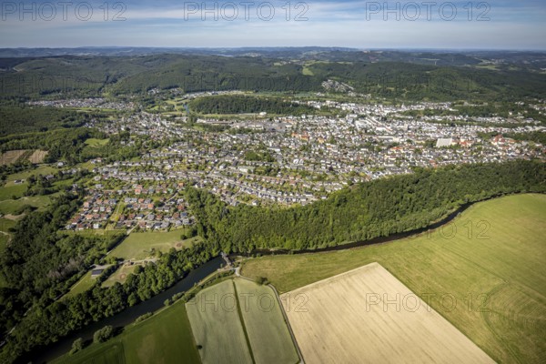 Aerial view, city view, Arnsberg district government, town hall, Arnsberg, forest area, Sauerland,