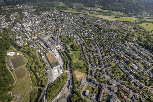 Aerial view, river Ruhr, sports facility, round gymnasium, sports ground SV Arnsberg 09, R.D.M.