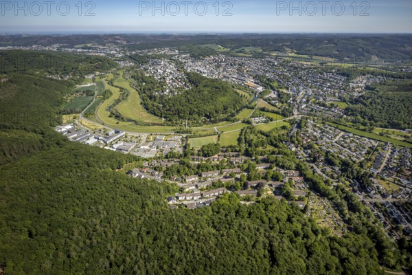 Aerial view, local view Wennigloh in forest area, Eichholz forest, river Ruhr, Ruhr loop, Arnsberg,