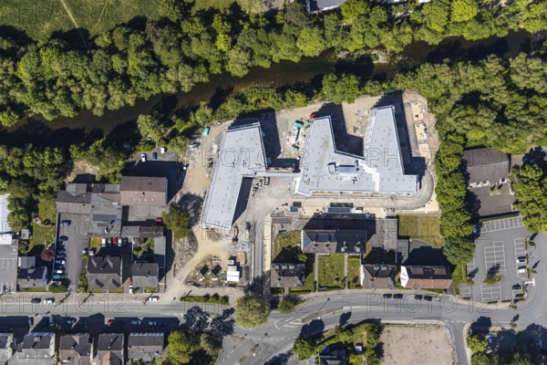 Aerial view, construction site of new care centre, building complex for assisted living,