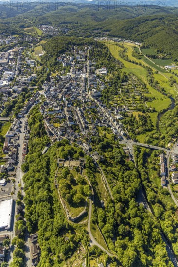 Aerial view, Arnsberg castle ruins, east tower, view of Arnsberg, Arnsberg, Sauerland,