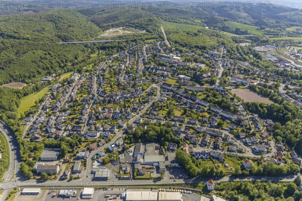 Aerial view, residential area Am Schreppenberg, sports field Schreppenberg, Fröbelschule,