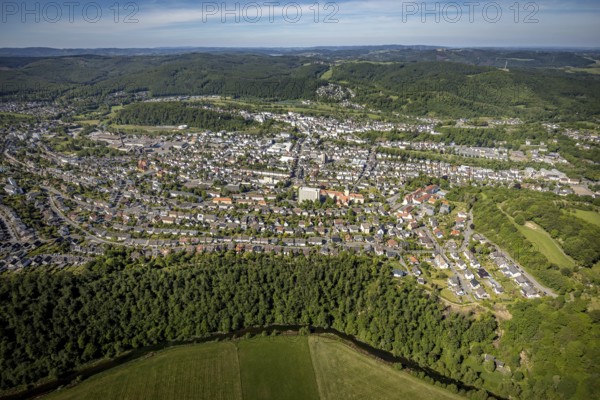 Aerial view, city view, Arnsberg district government, town hall, Arnsberg, forest area, Sauerland,