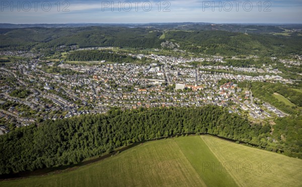 Aerial view, city view, Arnsberg district government, town hall, Arnsberg, forest area, Sauerland,