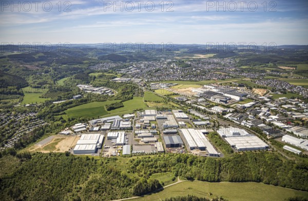 Aerial view, industrial estate Ennest-Askay, construction site, Attendorn, Sauerland, North