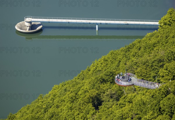 Aerial view, forest area, Biggeblick viewing platform, flood overflow, Attendorn, Sauerland, North