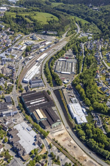 Aerial view, Attendorn railway station, commercial area, Greif site, Hanse Hotel, Attendorn,