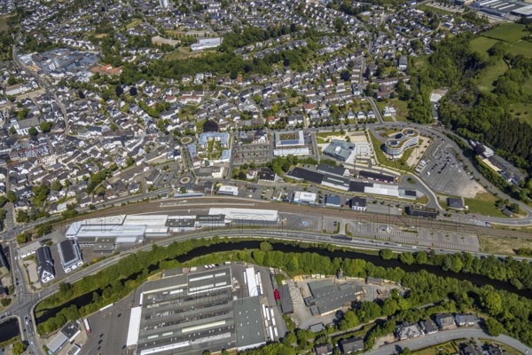 Aerial view, townscape, railway station Attendorn, entrance Attahöhle, Hanse Hotel, Attendorn,