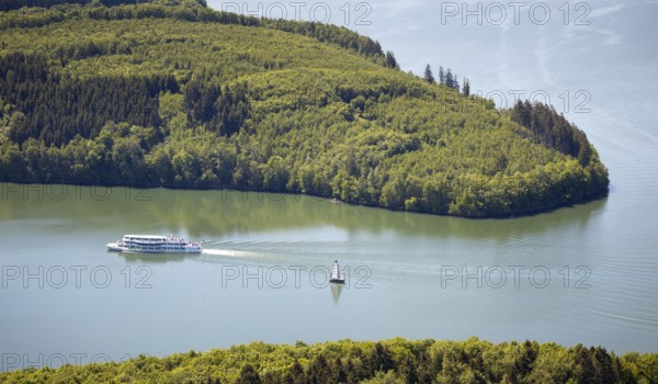 Aerial view, Biggesee, Biggetalsperre, excursion boat, Attendorn, Sauerland, North