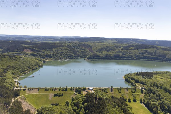 Aerial view, Biggesee, Biggetalsperre, Biggesee dam, Attendorn, Sauerland, North Rhine-Westphalia,