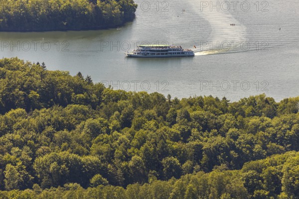 Aerial view, excursion boat Westfalen on the Biggetalsperre, Attendorn, Sauerland, North
