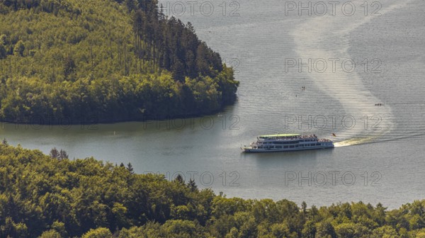Aerial view, excursion boat on the Biggetalsperre, Attendorn, Sauerland, North Rhine-Westphalia,