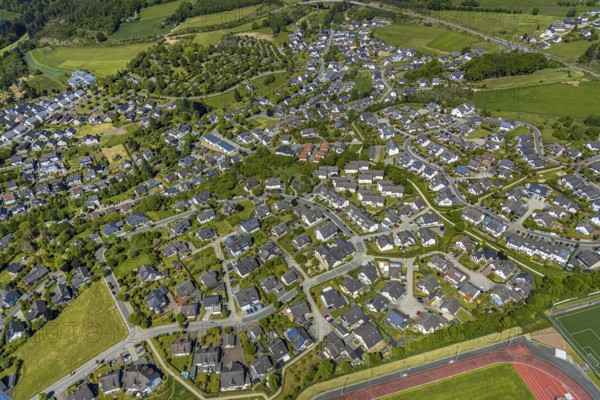 Aerial view, residential area at Hansastadion, Attendorn, Sauerland, North Rhine-Westphalia,