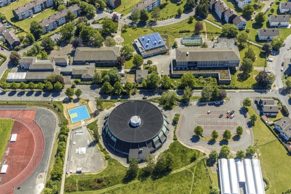 Aerial photo, round gymnasium, music school Attendorn, Hanseschule Attendorn, Attendorn, Sauerland,