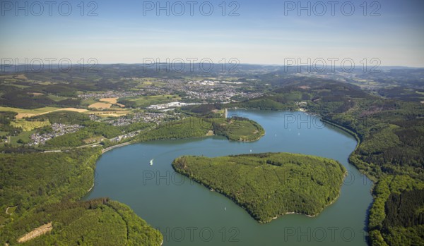 Aerial view, Gilberginsel, Biggesee, excursion boat on the Biggetalsperre, Attendorn, Sauerland,
