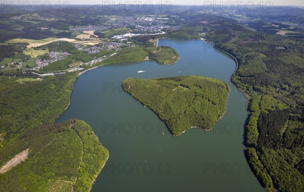 Aerial view, Gilberginsel, Biggesee, excursion boat on the Biggetalsperre, Attendorn, Sauerland,