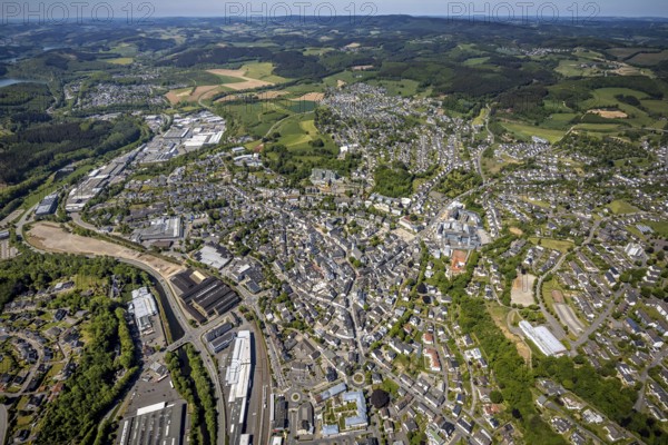Aerial view, townscape, railway station Attendorn, commercial area Kölner Straße, Attendorn,