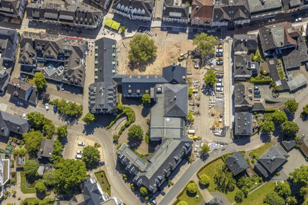 Aerial view, city administration town hall Attendorn, savings bank, building site, Attendorn,
