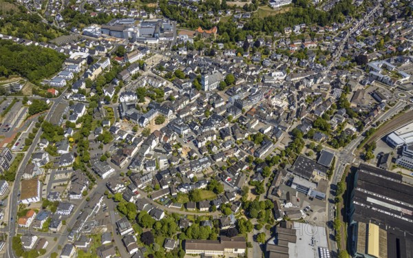 Aerial view, city view, Viega Attendorn Campus, catholic church St. Johannes Baptist, Attendorn,