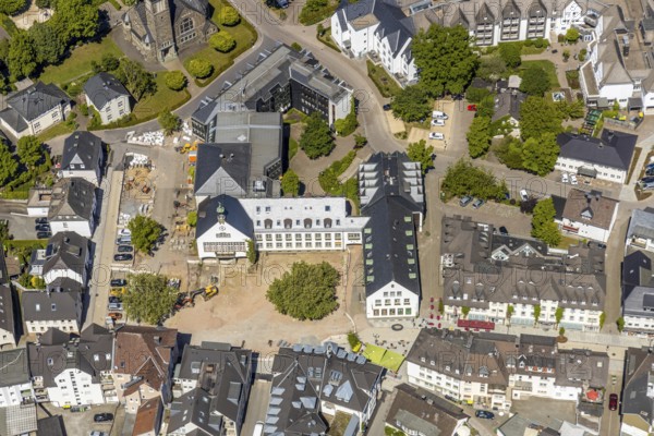 Aerial view, city administration town hall Attendorn, savings bank, building site, Attendorn,