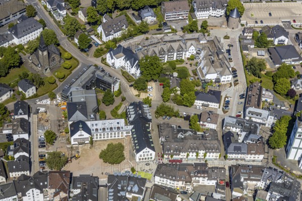 Aerial view, city administration town hall Attendorn, savings bank, building site, Attendorn,
