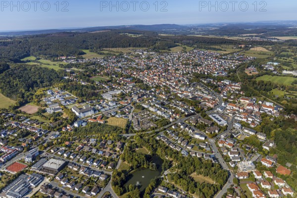 Aerial view, town centre, catholic church St. Peter and Paul, Bad Driburg, East Westphalia-Lippe,