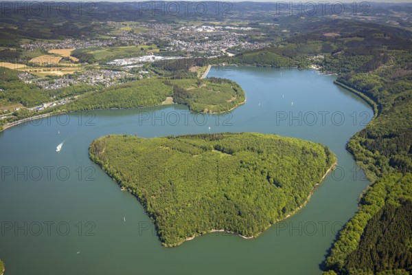 Aerial view, Gilberginsel, Biggesee, excursion boat on the Biggetalsperre, Attendorn, Sauerland,