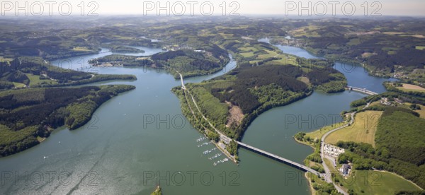 Aerial view, Biggesee, dam, Listertalsperre - dam wall, Yacht-Club Lister am Biggesee, bridge,