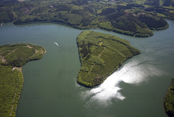 Aerial view, Gilberginsel, Biggesee, excursion boat on the Biggetalsperre, Attendorn, Sauerland,