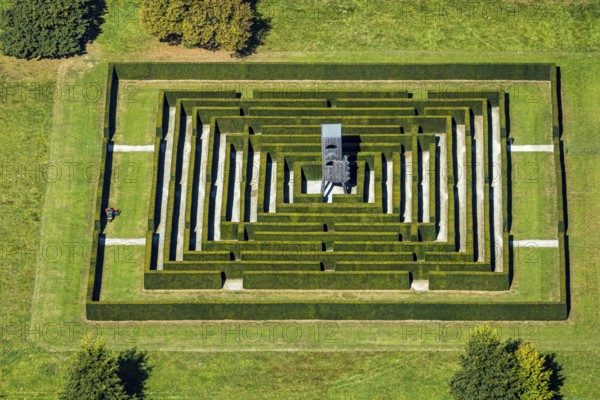 Aerial view, Gräflicher Park Health & Balance Resort, head and body sculpture, walk-in labyrinth,