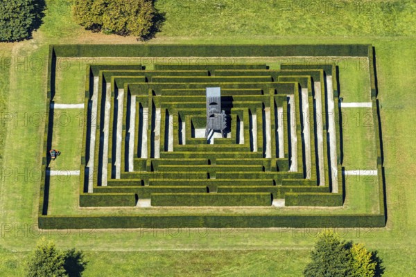 Aerial view, Gräflicher Park Health & Balance Resort, head and body sculpture, walk-in labyrinth,