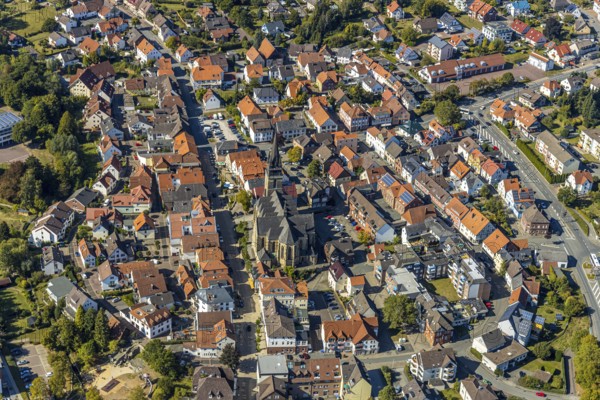 Aerial view, town centre, catholic church St. Peter and Paul, Bad Driburg, East Westphalia-Lippe,