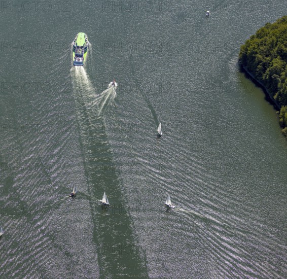 Aerial photo, excursion boat Westfalen on the Biggetalsperre, motorboat, Attendorn, Sauerland,