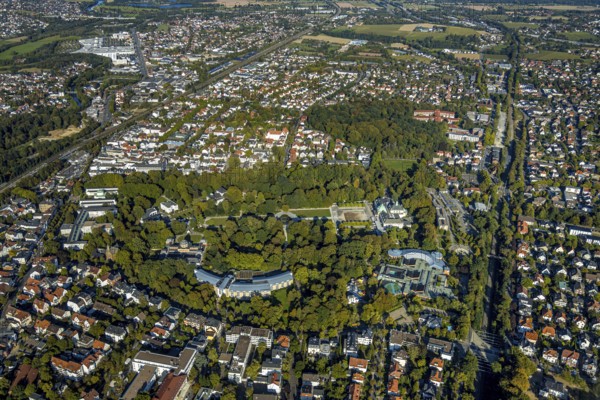 Aerial view, spa garden with Wandelhalle, Klinik am Rosengarten, Bali Therme, GOP Varieté Theatre