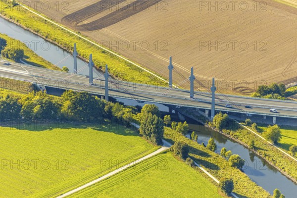 Aerial view, motorway bridge of the A30 motorway over the river Werre, Löhne, Ostwestfalen-Lippe,