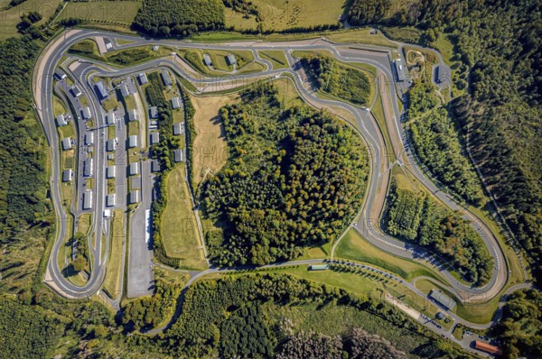 Aerial view, Bilster Berg race track, paddock, racing cars, Pömbsen, Bad Driburg, East