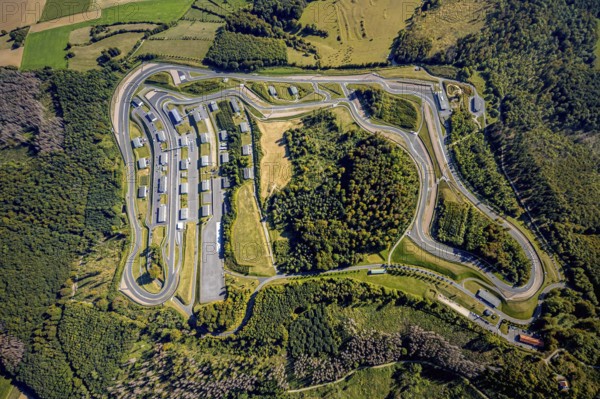 Aerial view, Bilster Berg race track, paddock, racing cars, Pömbsen, Bad Driburg, East