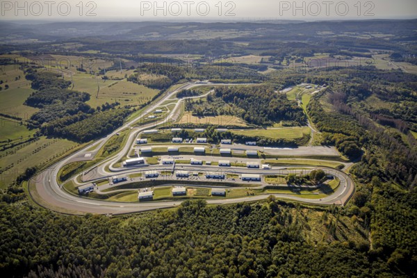 Aerial view, Bilster Berg race track, paddock, racing cars, Pömbsen, Bad Driburg, East