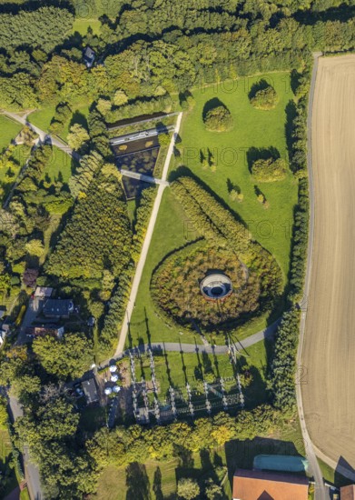 Aerial view, water crater of the Aqua Magica, fountain sculpture, Bad Oeynhausen,