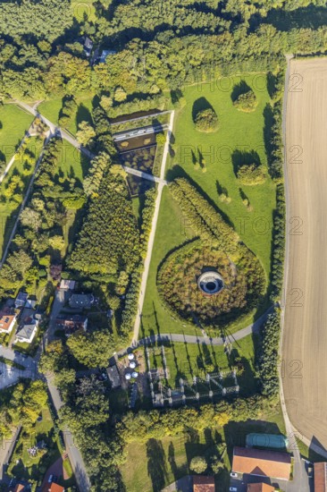Aerial view, water crater of the Aqua Magica, fountain sculpture, Bad Oeynhausen,