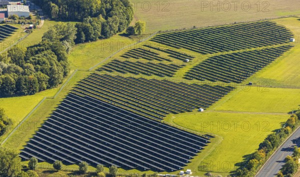 Aerial view, solar park, at the federal road B64, Herste, Bad Driburg, Ostwestfalen-Lippe, North