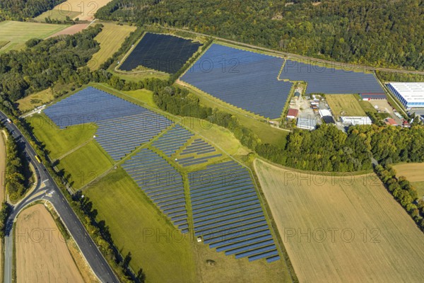 Aerial view, solar park, at the federal road B64, Herste, Bad Driburg, Ostwestfalen-Lippe, North