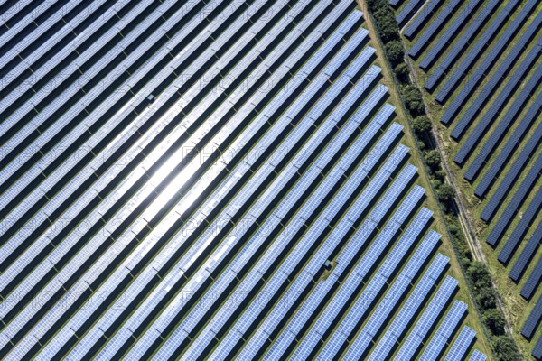 Aerial view, solar park, at the federal road B64, Herste, Bad Driburg, Ostwestfalen-Lippe, North