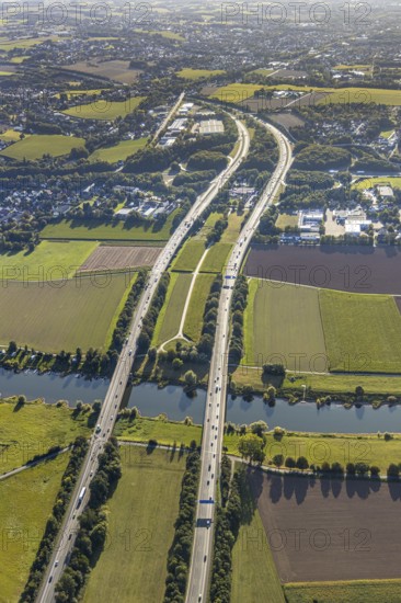 Aerial view, motorway A2, motorway bridges, river Weser, Weser bridge, Holtrup, Bad Oeynhausen,