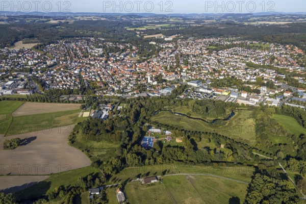 Aerial view, Bega Bad, town view, river Bega, Bad Salzuflen, East Westphalia-Lippe, North