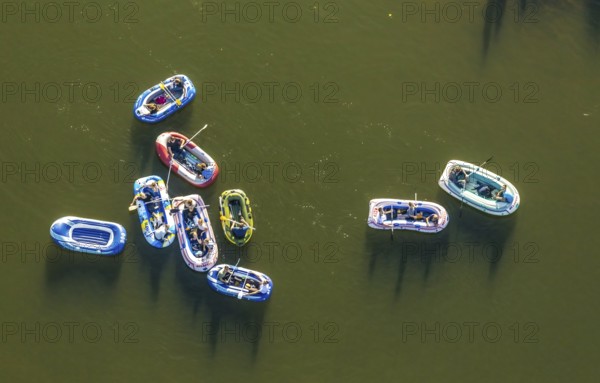 Aerial photo, inflatable boats on the Weser, Rehme, Bad Oeynhausen, Ostwestfalen-Lippe, North