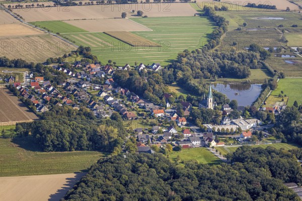 Aerial view, St Christophorus parish church, Woestegraben pond, F. Schumacher
