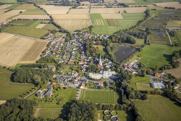 Aerial view, view of the town, St Christophorus parish church, Woestegraben pond, F. Schumacher